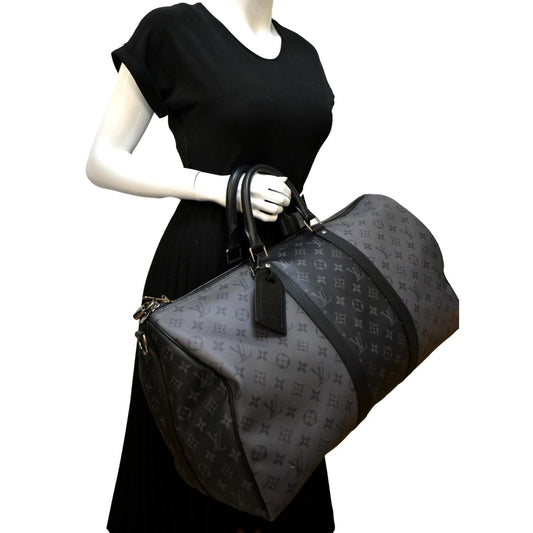 LOUIS VUITTON Keepall 50 Bandouliere Monogram Eclipse Canvas Travel Bag Black