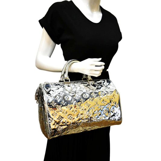 LOUIS VUITTON 30 Miroir Monogram Patent Leather Satchel Bag Metallic Silver
