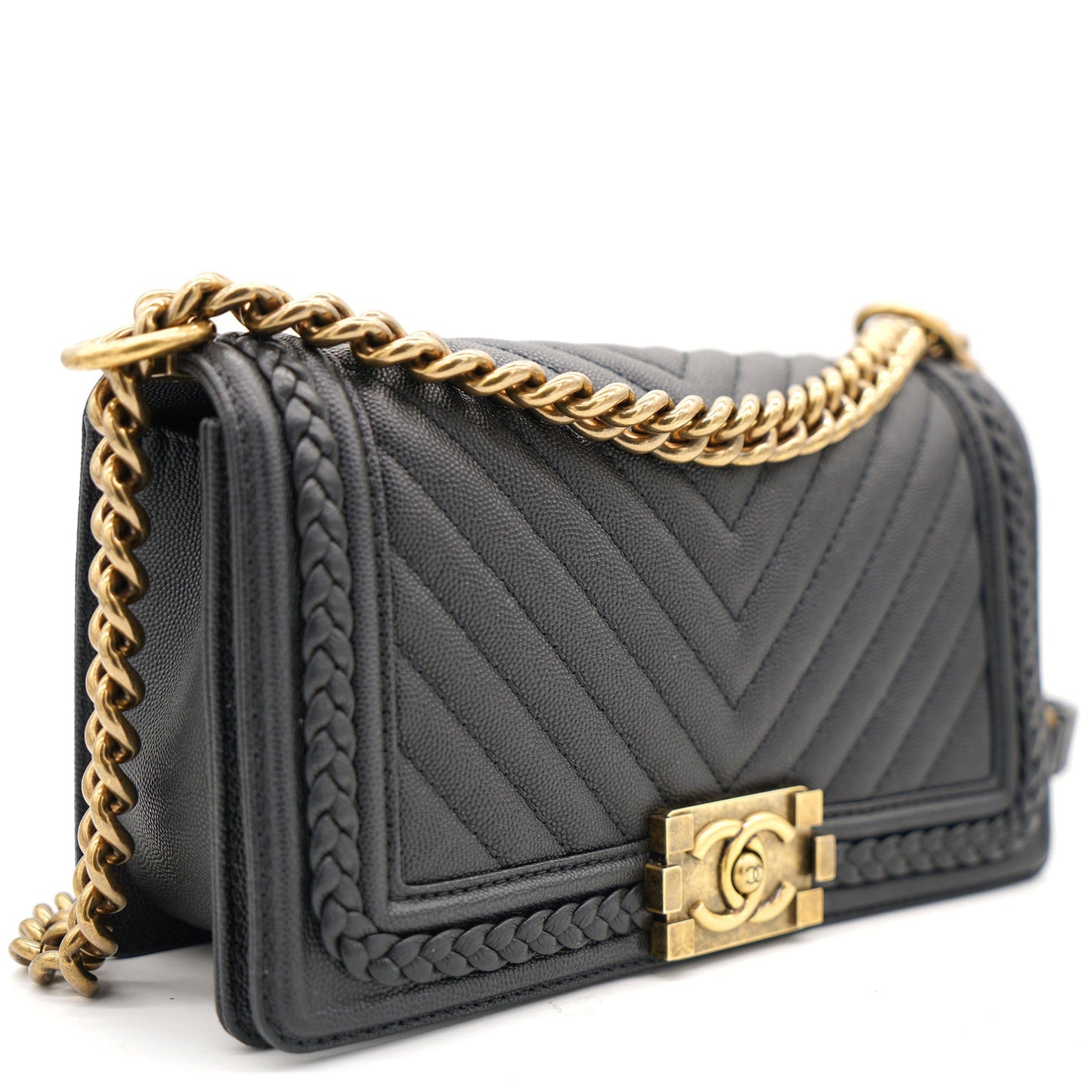 Chanel Black Quilted Leather and Twisted Leather Trim Old Medium Boy Flap Bag