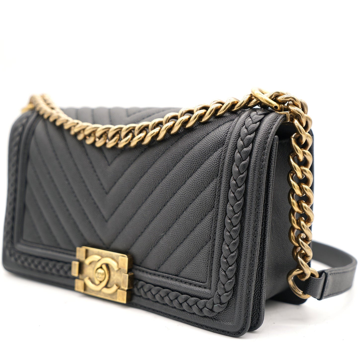 Chanel Black Quilted Leather and Twisted Leather Trim Old Medium Boy Flap Bag
