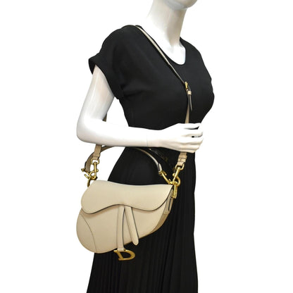 CHRISTIAN DIOR Saddle Grained Calfskin Leather Shoulder Bag Beige