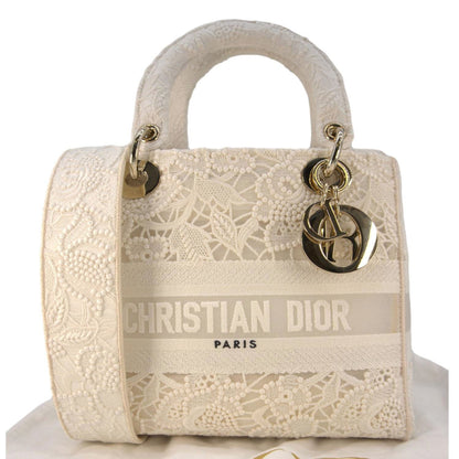 Christian Dior Lady Dior D-Lite Embroidered Canvas Shoulder Bag White