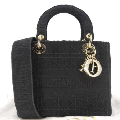 Christian Dior Lady Dior D-Lite Embroidered Canvas Shoulder Bag Black