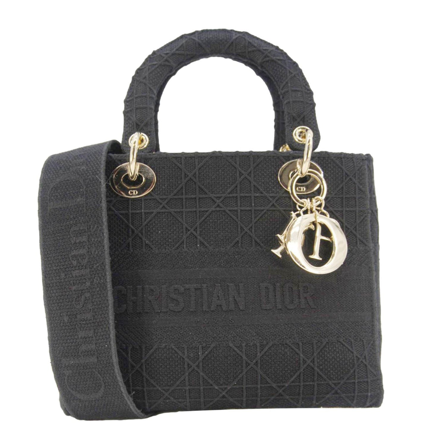 Christian Dior Lady Dior D-Lite Embroidered Canvas Shoulder Bag Black