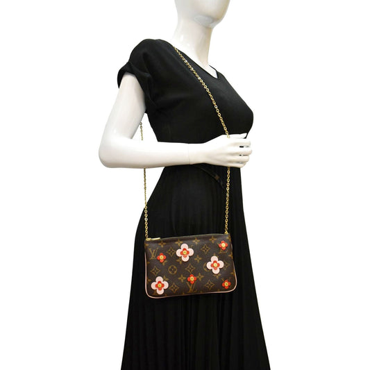 LOUIS VUITTON Blooming Flowers Pochette Monogram Canvas Chain Crossbody Bag Brown
