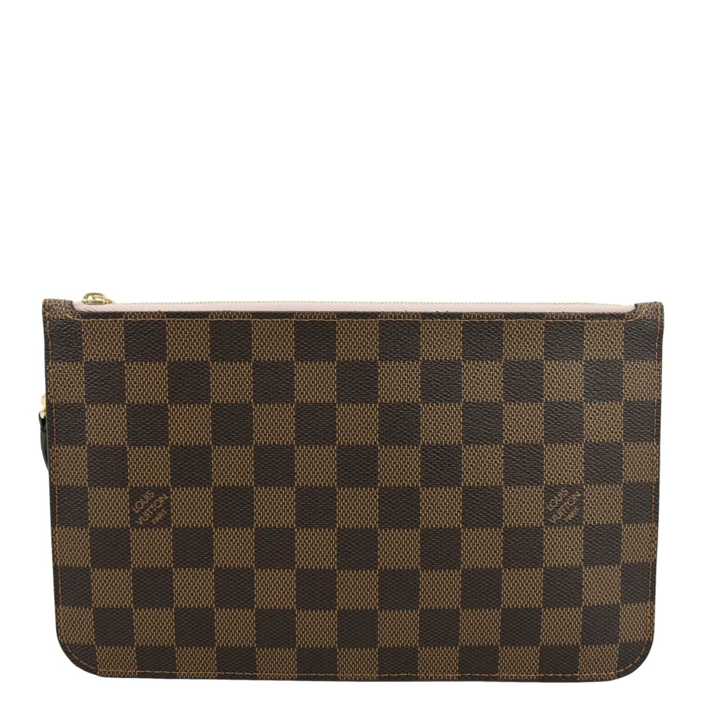LOUIS VUITTON Neverfull Damier Ebene Pochette Wristlet Pouch Rose Ballerine