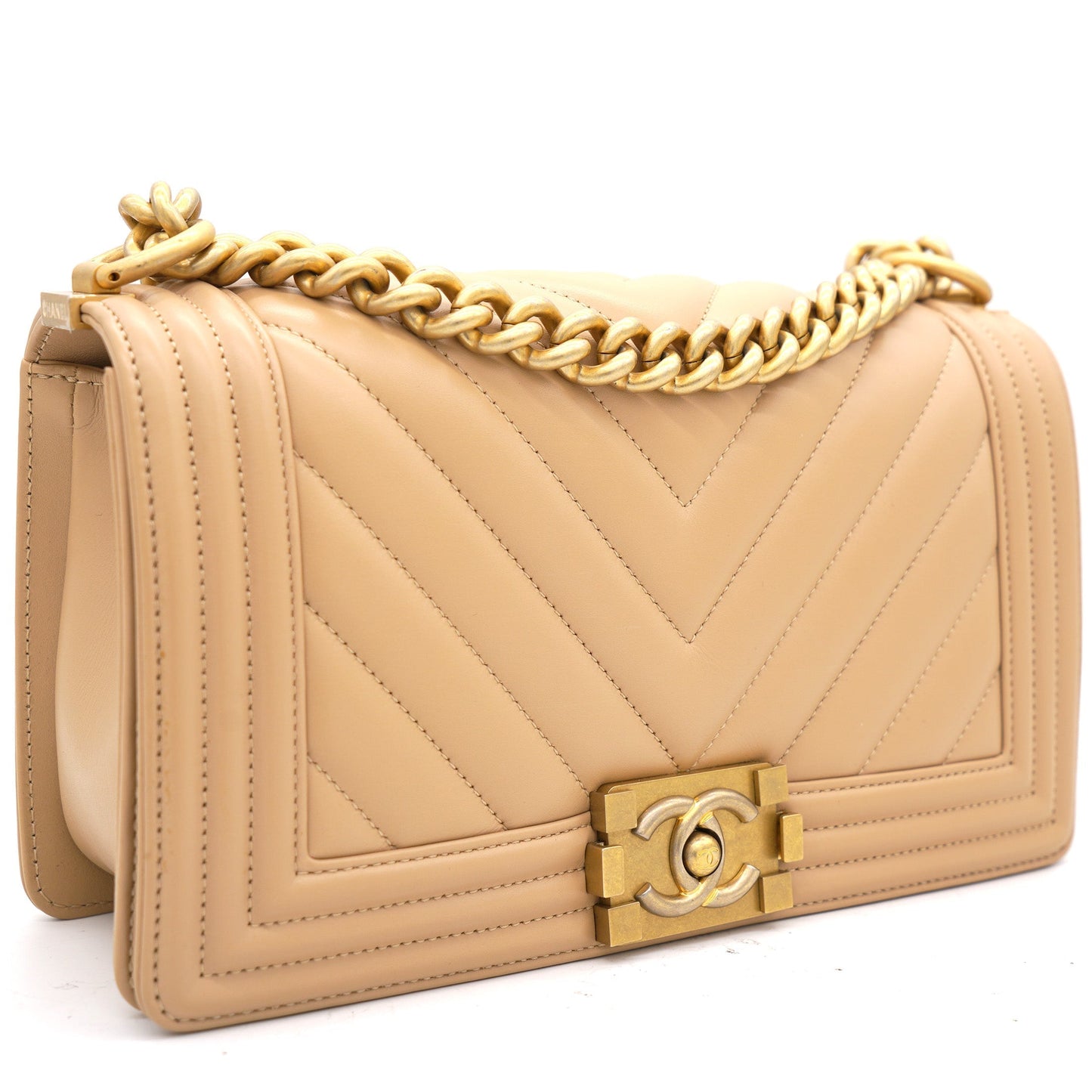 Chanel Beige Chevron Leather Medium Boy Flap Bag