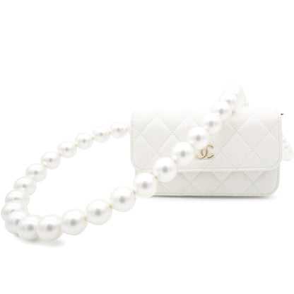 Chanel Calfskin Quilted Pearl Mini Wallet On Chain WOC White