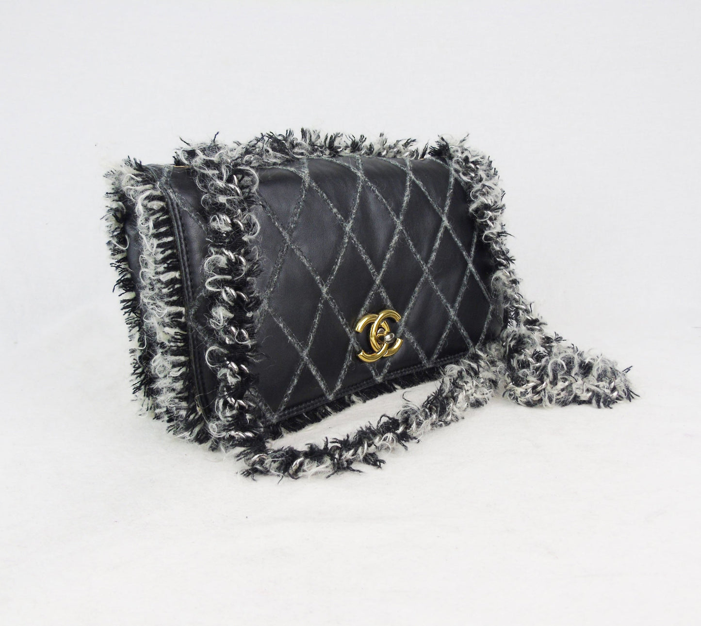 Chanel Black Leather tweed trim 10" Flap Bag
