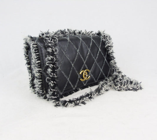 Chanel Black Leather tweed trim 10" Flap Bag