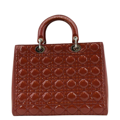 CHRISTIAN DIOR Lady Dior Large Quilted Patent Leather Shoulder Bag Reddish Orange