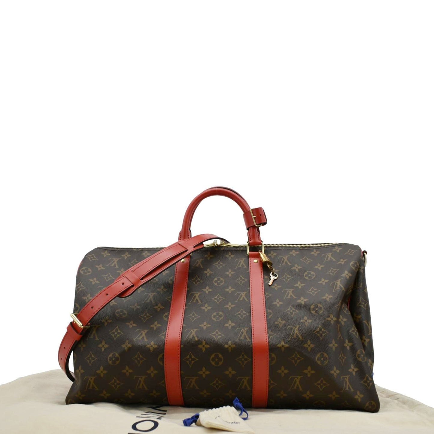 LOUIS VUITTON Keepall 55 Bandouliere Monogram Canvas Travel Bag Red