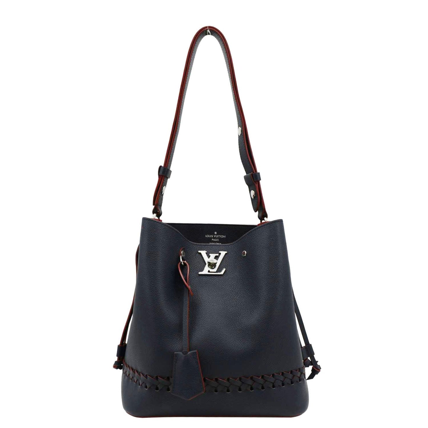 LOUIS VUITTON Lockme Braided Leather Shoulder Bucket Bag Navy