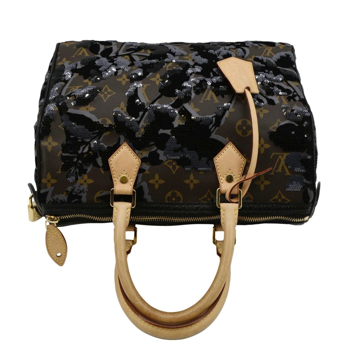 LOUIS VUITTON 30 Fleur De Jais Monogram Sequins Satchel Bag Black