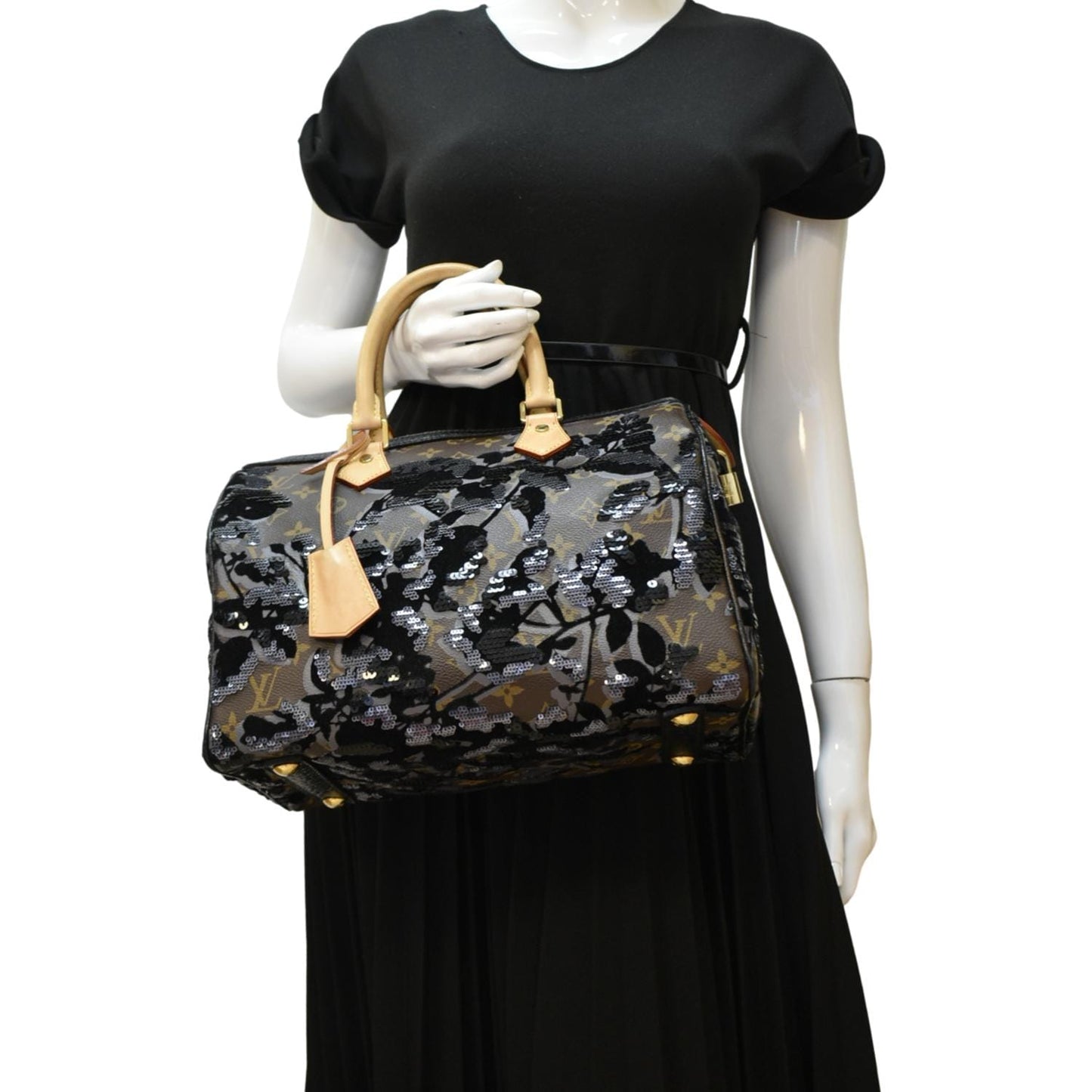 LOUIS VUITTON 30 Fleur De Jais Monogram Sequins Satchel Bag Black