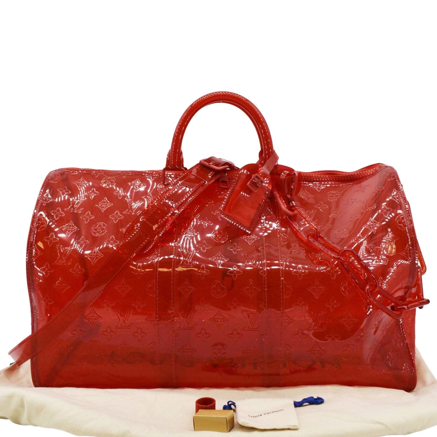 LOUIS VUITTON Keepall 50 Bandouliere Transparent PVC Travel Bag Red