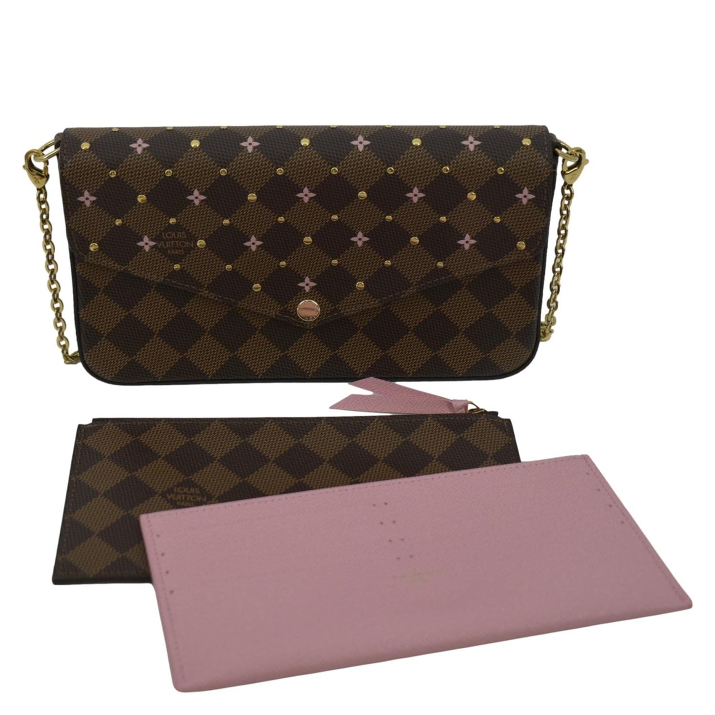 LOUIS VUITTON Studded Felicie Damier Ebene Pochette Crossbody Bag Brown