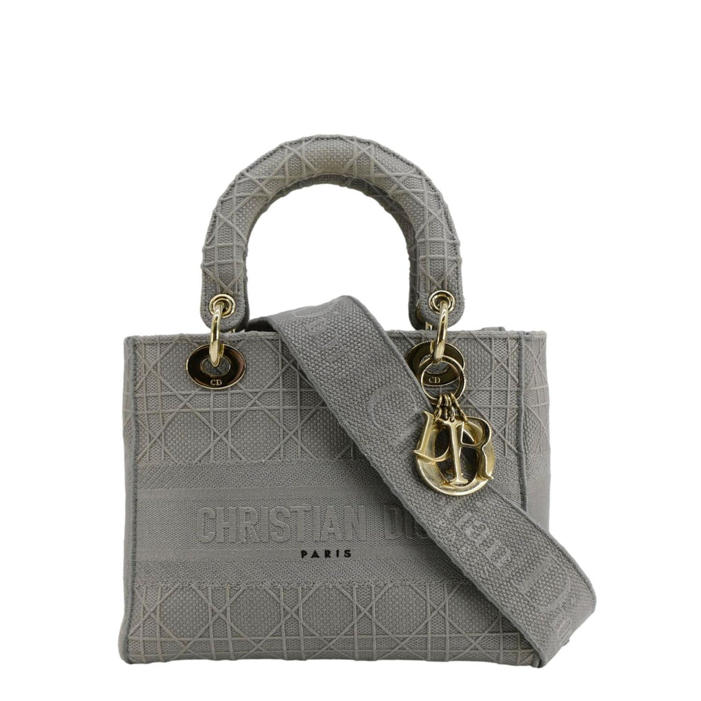 Christian Dior Lady Dior D-Lite Embroidered Cannage Canvas Shoulder Bag Gray