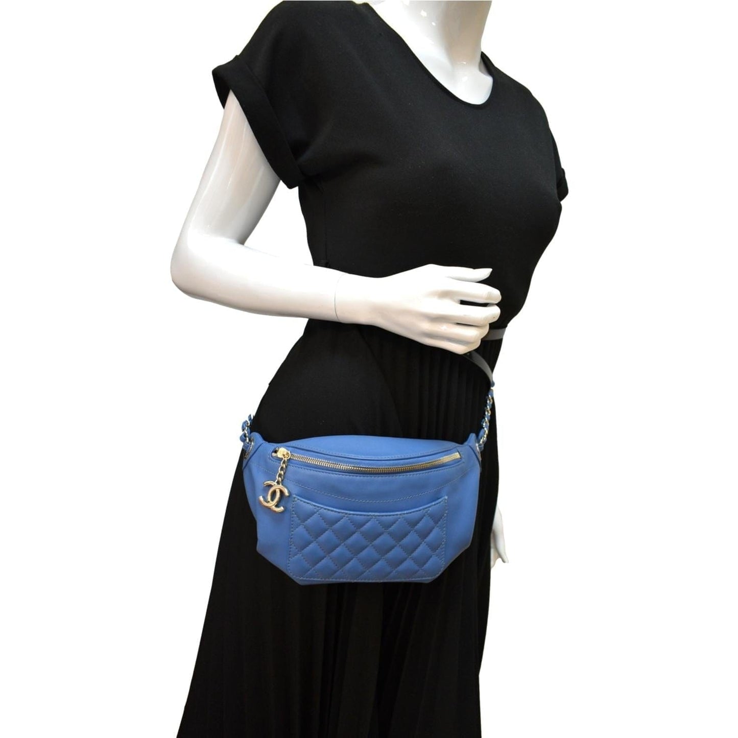 Chanel Bi Classic Quilted Lambskin Leather Waist Bag Blue