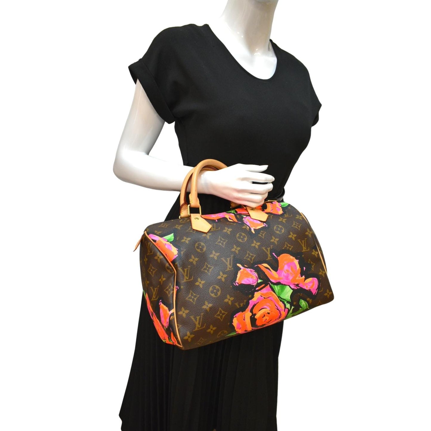 LOUIS VUITTON Roses 30 Monogram Canvas Satchel Bag Brown
