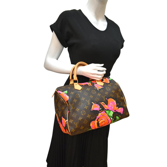 LOUIS VUITTON Roses 30 Monogram Canvas Satchel Bag Brown