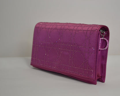 Christian Dior Burgundy Satin Clutch With Rhinestones And Thin Silver Chain