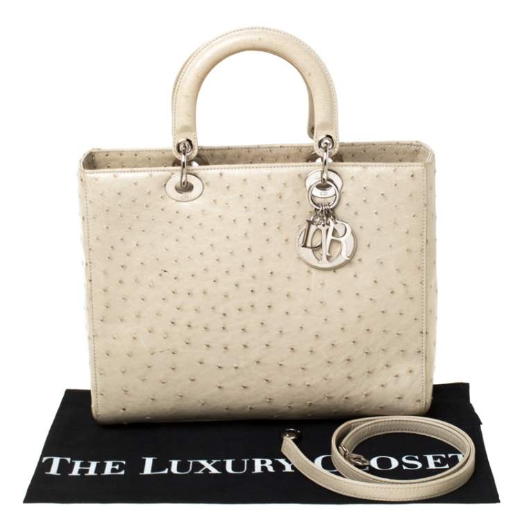 Dior Beige Ostrich Leather Large Lady Dior Tote