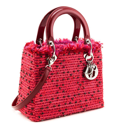 Dior Red Patent Pink Tweed Embellished Medium Lady Dior Bag