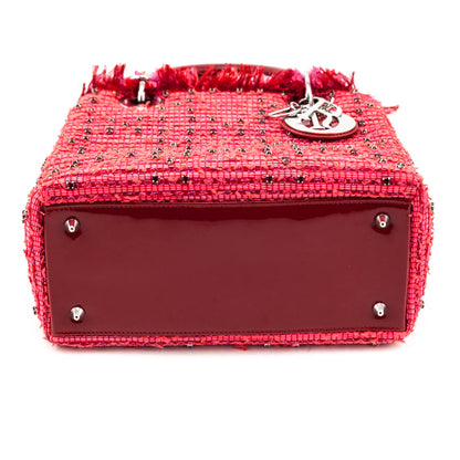 Dior Red Patent Pink Tweed Embellished Medium Lady Dior Bag