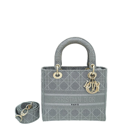 Christian Dior Metallic Grey Lady D-Lite Cannage Embroidery Medium Bag