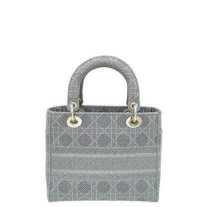 Christian Dior Metallic Grey Lady D-Lite Cannage Embroidery Medium Bag