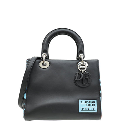 Christian Dior Black Multicolor Printed Logo Lady Dior Medium Bag