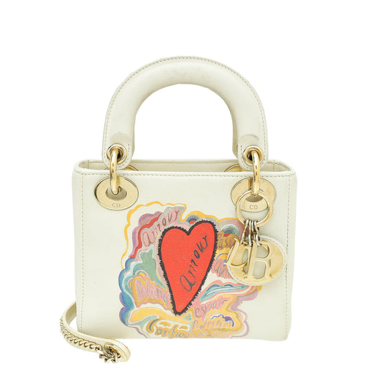 Christian Dior Off White Multicolor Ltd Ed Amour Print Chain Mini Lady Dior Bag