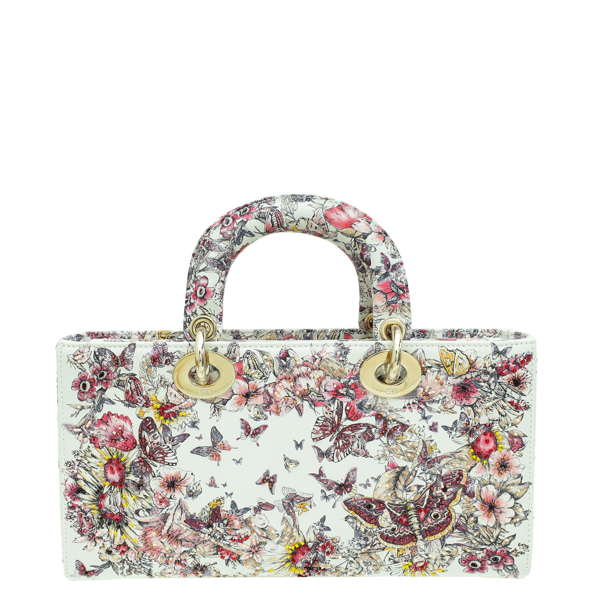 Christian Dior White Multicolor D-Joy Butterfly Printed And Embroidered Medium Bag