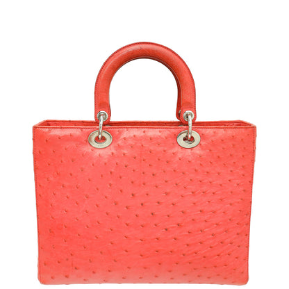 Christian Dior Coral Ostrich Lady Dior Large Bag