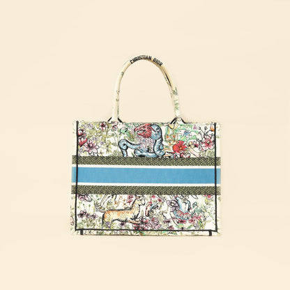 Christian Dior White Multicolor D-Constellation Embroidery Book Medium Tote Bag