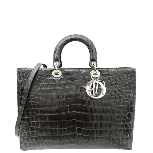 Christian Dior Dark Grey Crocodile Haute Maroquinerie Lady Dior Xl Bag