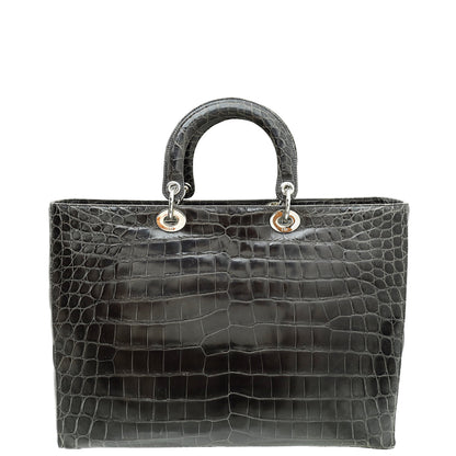 Christian Dior Dark Grey Crocodile Haute Maroquinerie Lady Dior Xl Bag