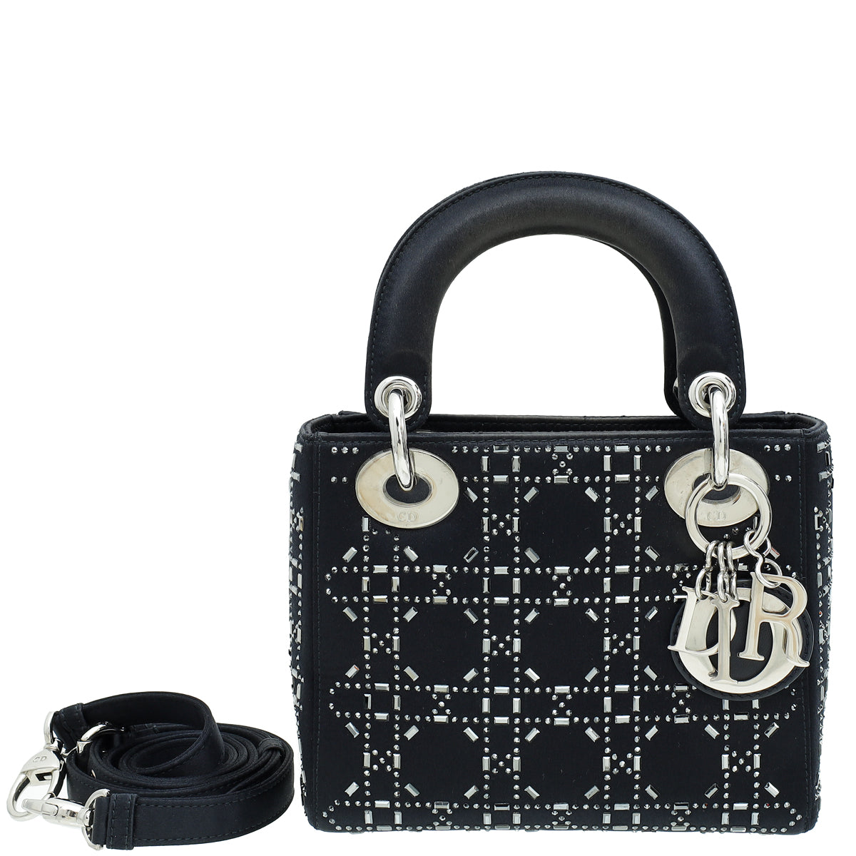 Christian Dior Black Cannage Satin Lady Dior Mini Strass Bag