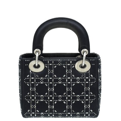 Christian Dior Black Cannage Satin Lady Dior Mini Strass Bag