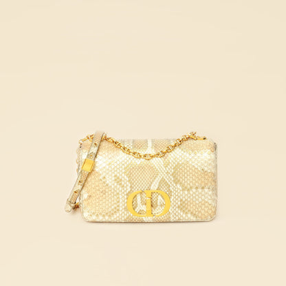 Christian Dior Metallic Golden Beige Python Caro Flap Medium Shoulder Bag