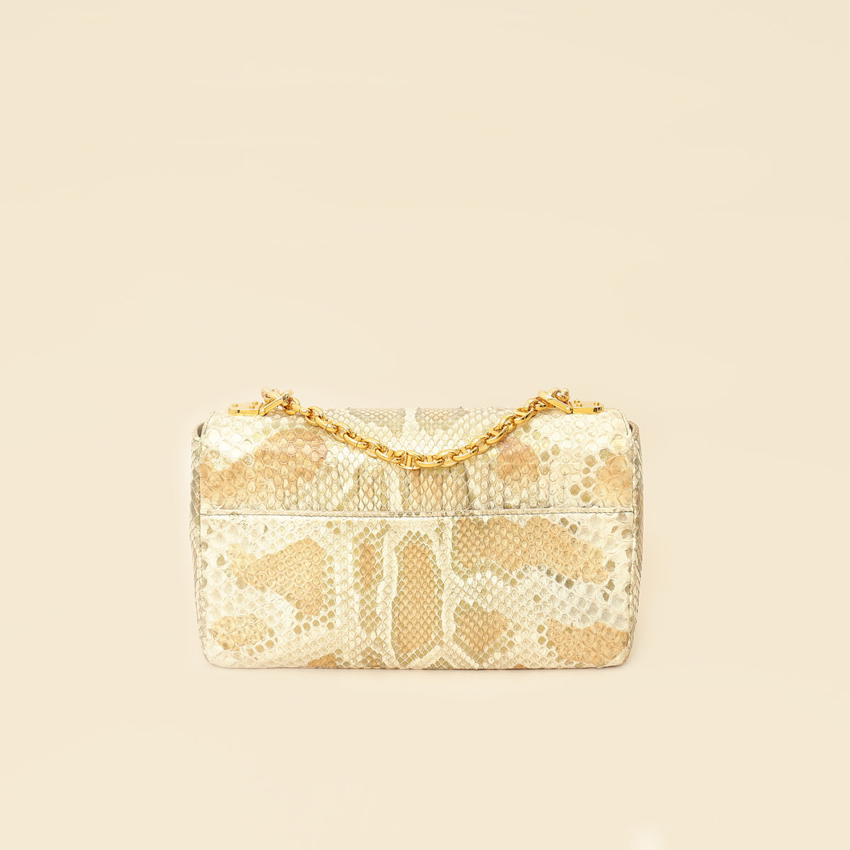 Christian Dior Metallic Golden Beige Python Caro Flap Medium Shoulder Bag