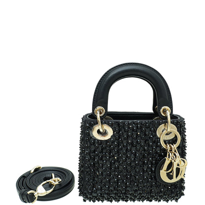 Christian Dior Black Lady Dior Micro Mirrors Beads And Strass Bag