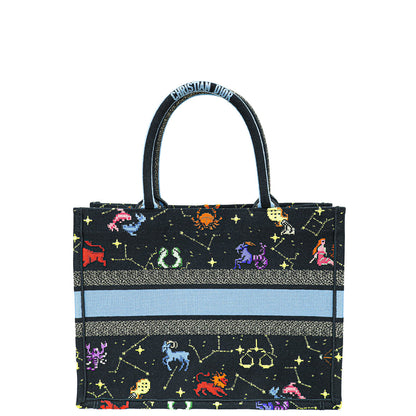 Christian Dior Black Multicolor Pixel Zodiac Embroidery Medium Book Tote Bag