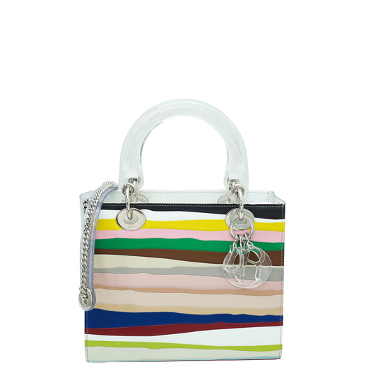 Christian Dior White Multicolor Lady Dior Art Technical Fabric Acrylic Pvc Medium Bag