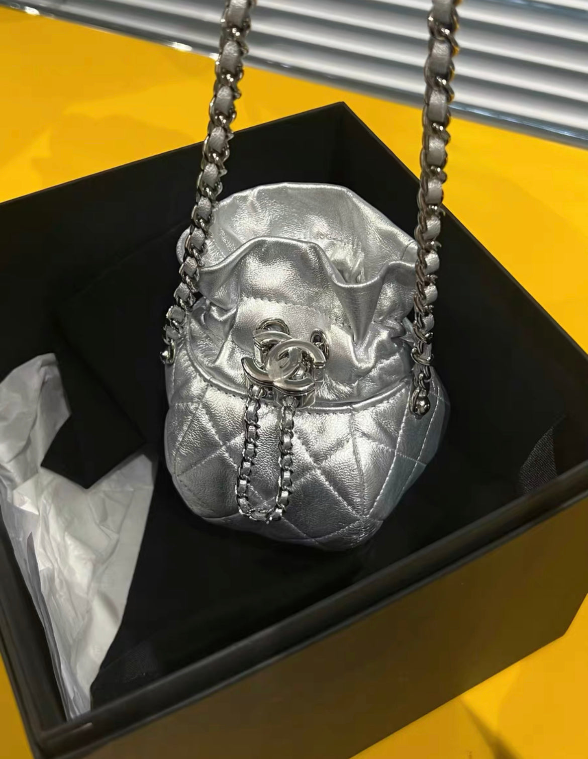 Chanel 23Ss Mini Metallic Quilted Bucket Bag