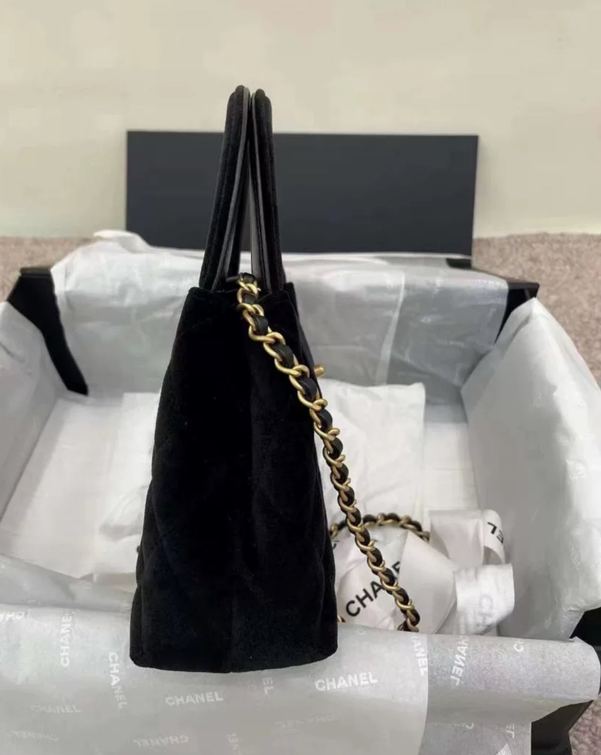 Chanel Kelly Black Velvet Brushed Gold Hardware Large Size