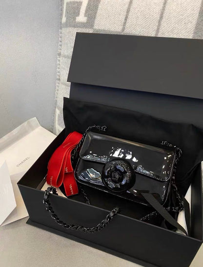 Chanel 23K Black Patent Leather Camellia Large Mini Shoulder Bag