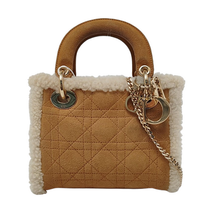 Lady Dior Mini Handbag Brown Leather Shearling Gold Hardware