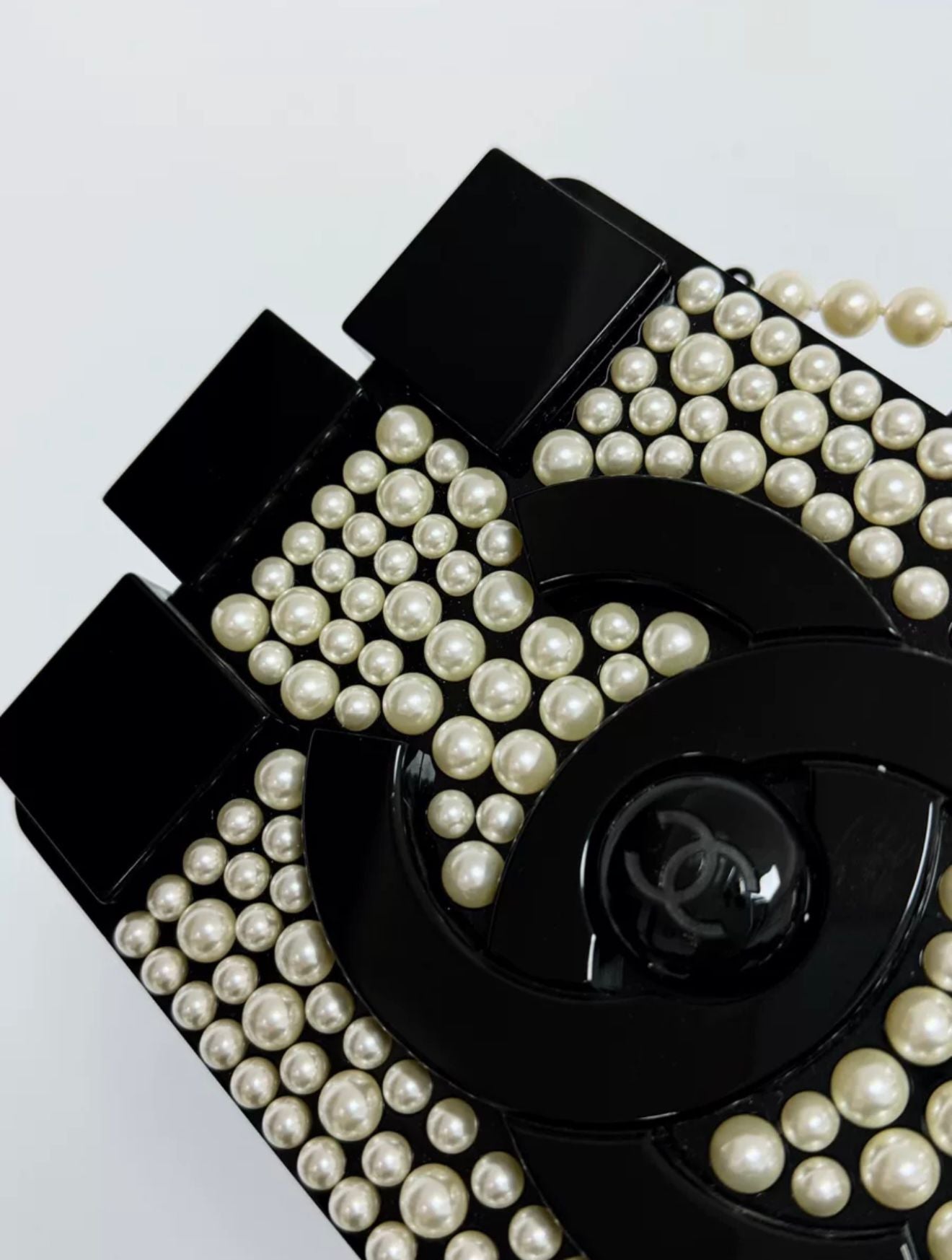 Chanel Runway White Pearl And Black Lego Clutch